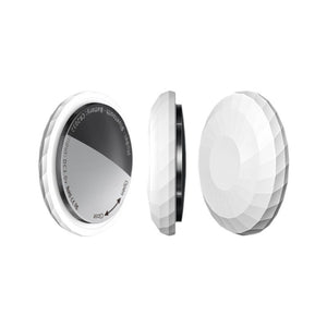 White round Bluetooth finder tag with a smooth PC plastic top on a plain background