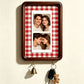 Option A4 Hook Style 8: dark wood wall photo frame with red and white gingham backing and two key hooks