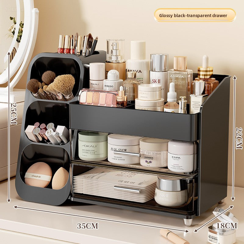 Glossy black L3 cosmetic organizer with dimension lines, a brush tower and smoked transparent drawers full of skincare