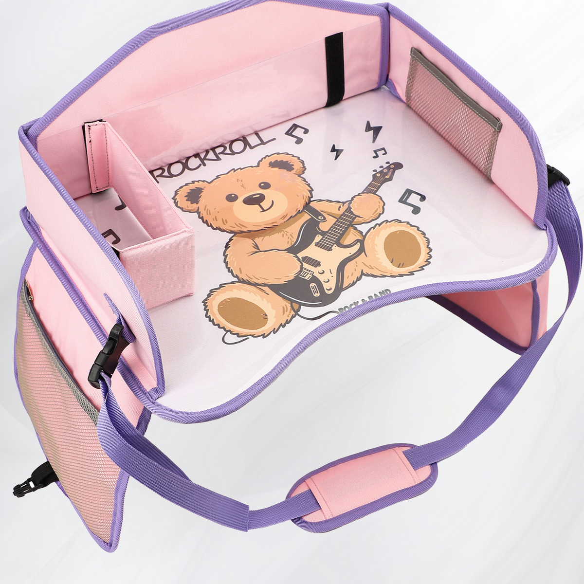 Pink travel tray with a guitar teddy bear print, divider box and mesh side pocket