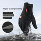 Black zip glove with water droplets and a splash beside text on water repellent fabric and SBR coating