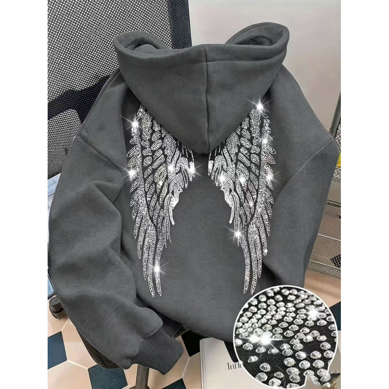 Dark Gray pullover hoodie with rhinestone wings on the back and a stone close-up, option photo for Dark Gray XL