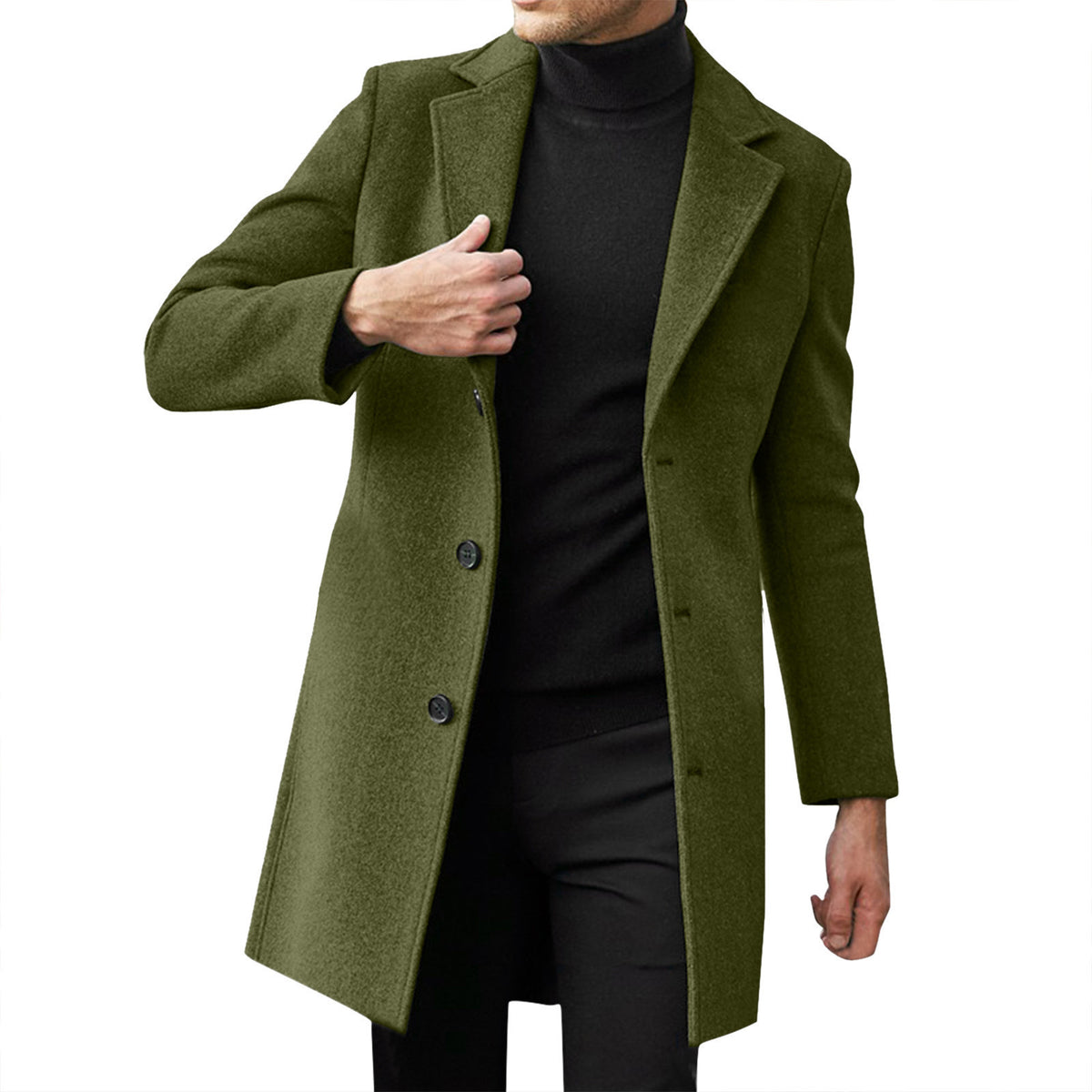 Man in an olive green single-breasted coat with a notch lapel over a black turtleneck, front view