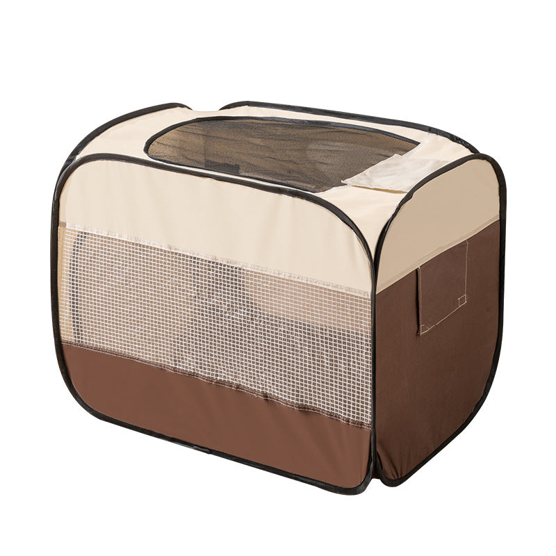 Brown foldable pet drying box with mesh side panels shown from the front
