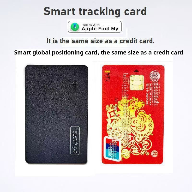 Card tracker shown next to an iPhone displaying the Apple Find My map