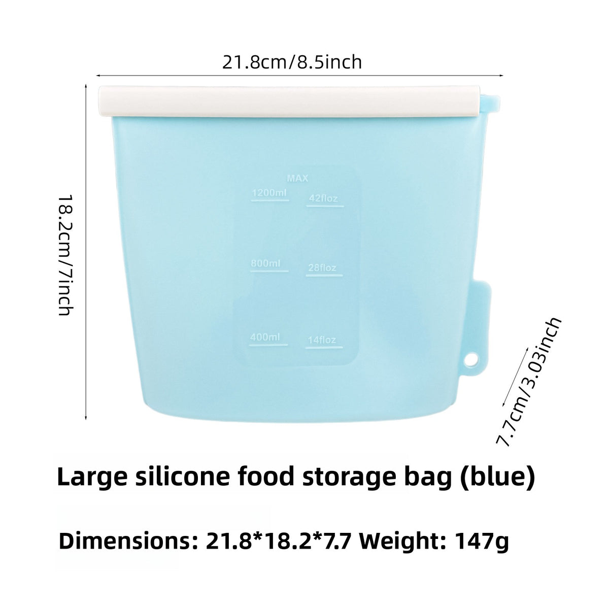 Reusable blue silicone food storage bag, 1200ml size, standing sealed upright