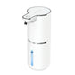 White sensor soap dispenser on white, power button on the top and level window down the front