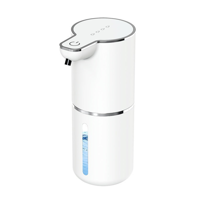 White sensor soap dispenser on white, power button on the top and level window down the front