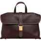 Coffee brown flap satchel with a top handle and a gold-tone buckle lock on a white background, front view