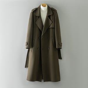 Black belted wool overcoat front view with notch lapel and epaulettes