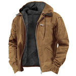 Camel brown hooded zip jacket with black fleece lining, brown collar patch and zip chest pocket, front view