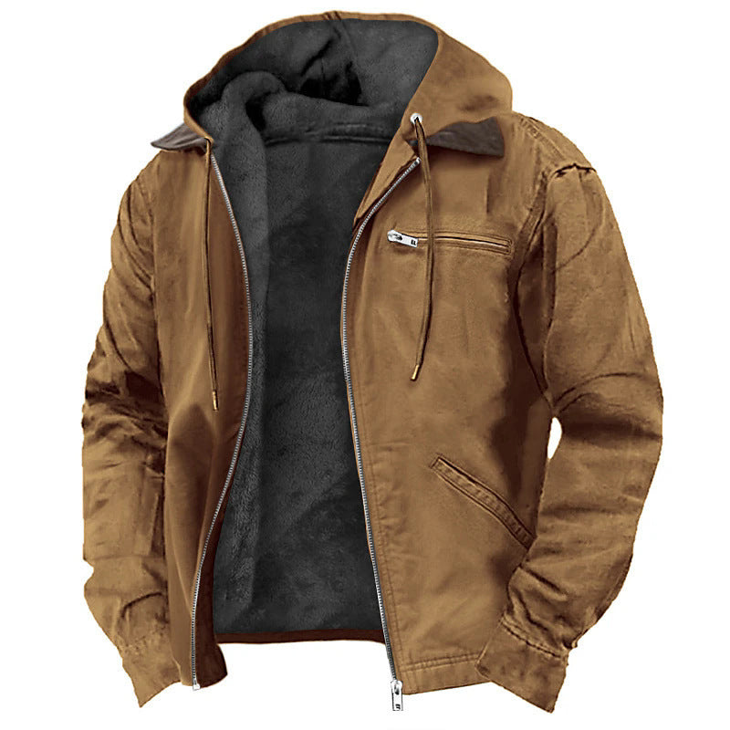 Camel brown hooded zip jacket with black fleece lining, brown collar patch and zip chest pocket, front view