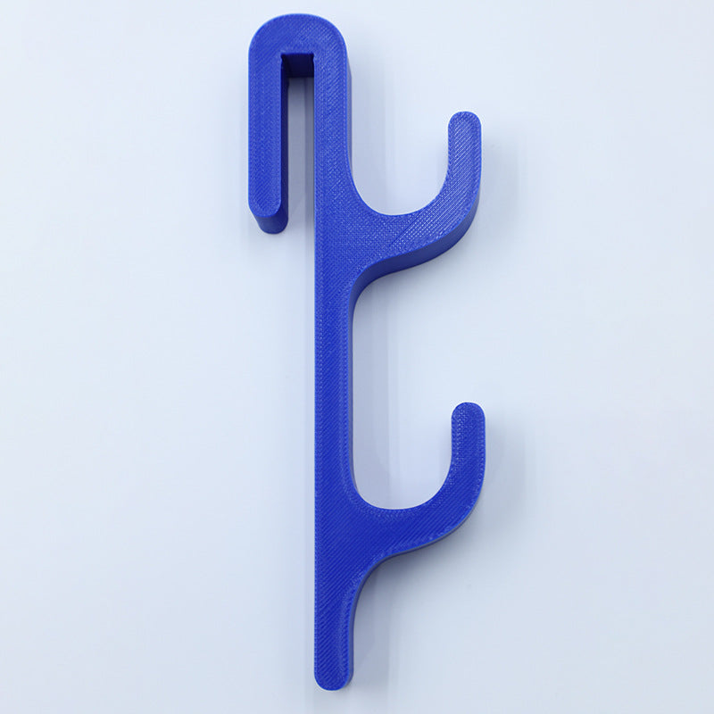 Blue resin single sided double hook with two arms stacked, seen from the front on a light background