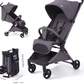 Grey Kidilo travel stroller with reclining seat shown open and folded flat