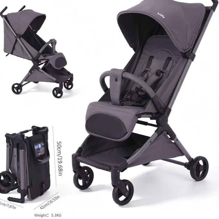 Grey Kidilo travel stroller with reclining seat shown open and folded flat