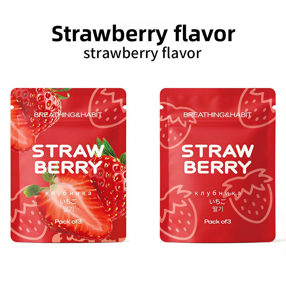 Strawberry scented cotton core sachets, front and back, Breathing and Habit branding, pack of three