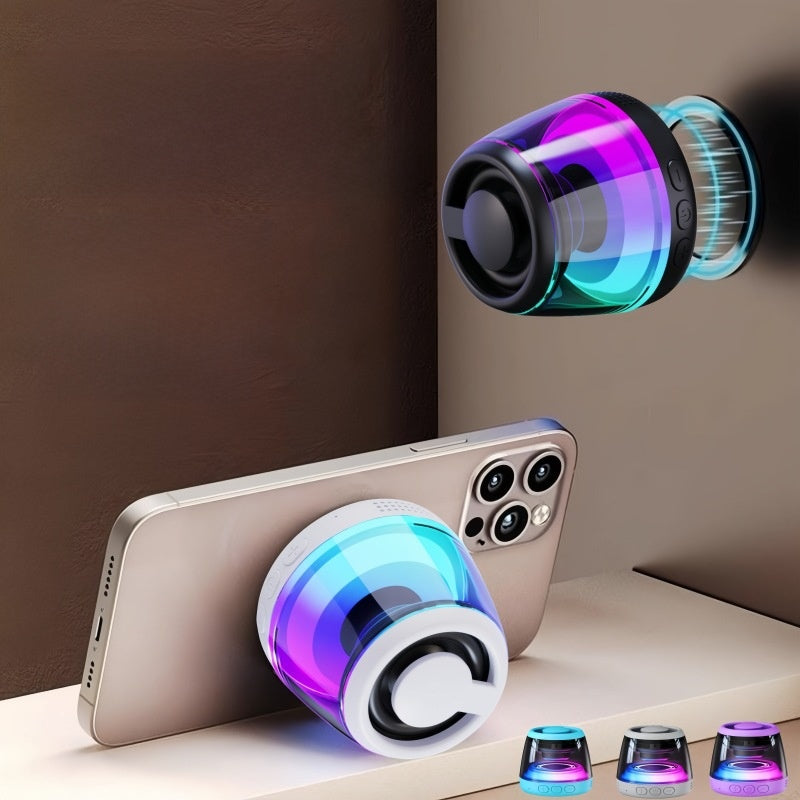 White magnetic speaker on the back of a phone with its ring folded out