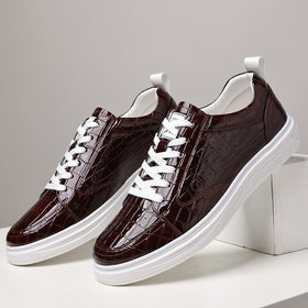 Burgundy Croc Embossed Lace-Up Low-Top Sneakers
