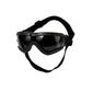 Dog goggles with a black frame and dual adjustable straps shown on a dog
