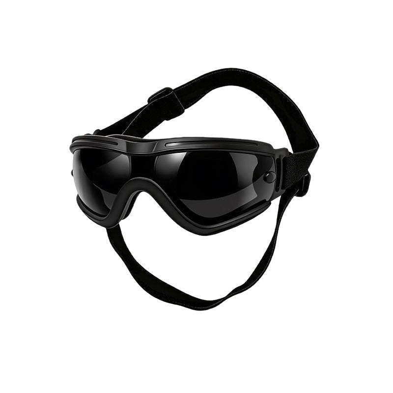 Dog goggles with a black frame and dual adjustable straps shown on a dog