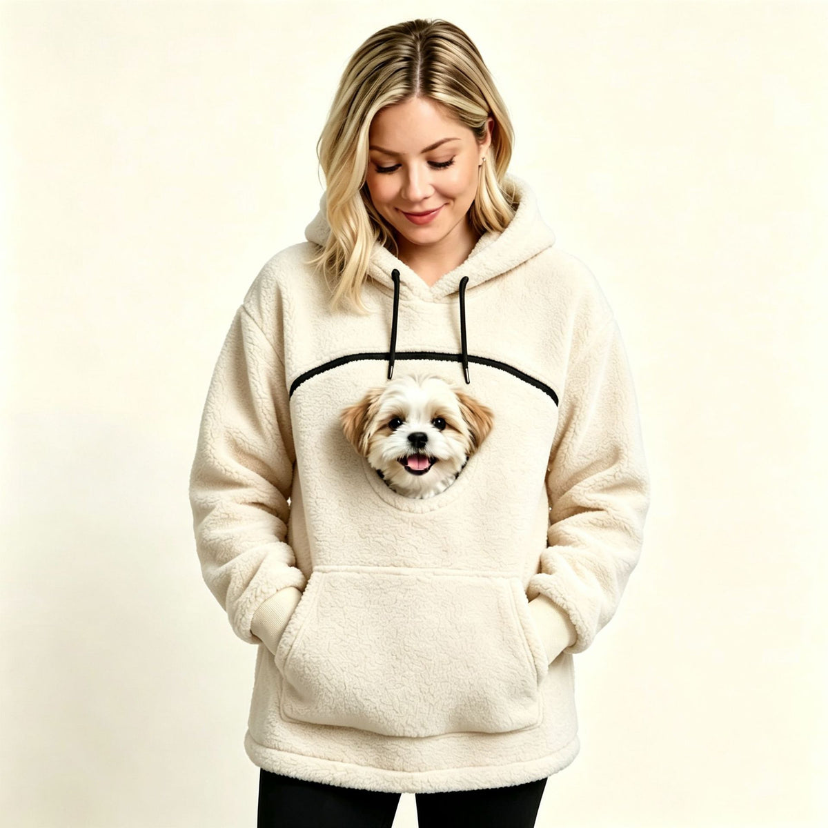 Cream teddy fleece hoodie with a small dog's head looking out of the chest opening above the front pocket
