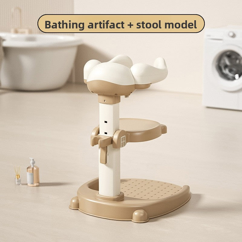 Baby bath support and base tray layered in a styled bathroom