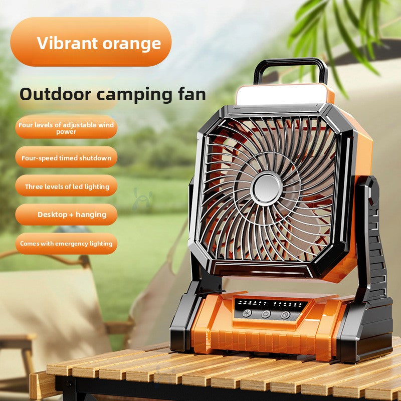 Orange outdoor camping fan on a wooden table with feature callouts