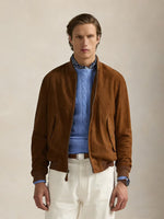 Brown vegan suede zip bomber jacket with a tartan cotton lining