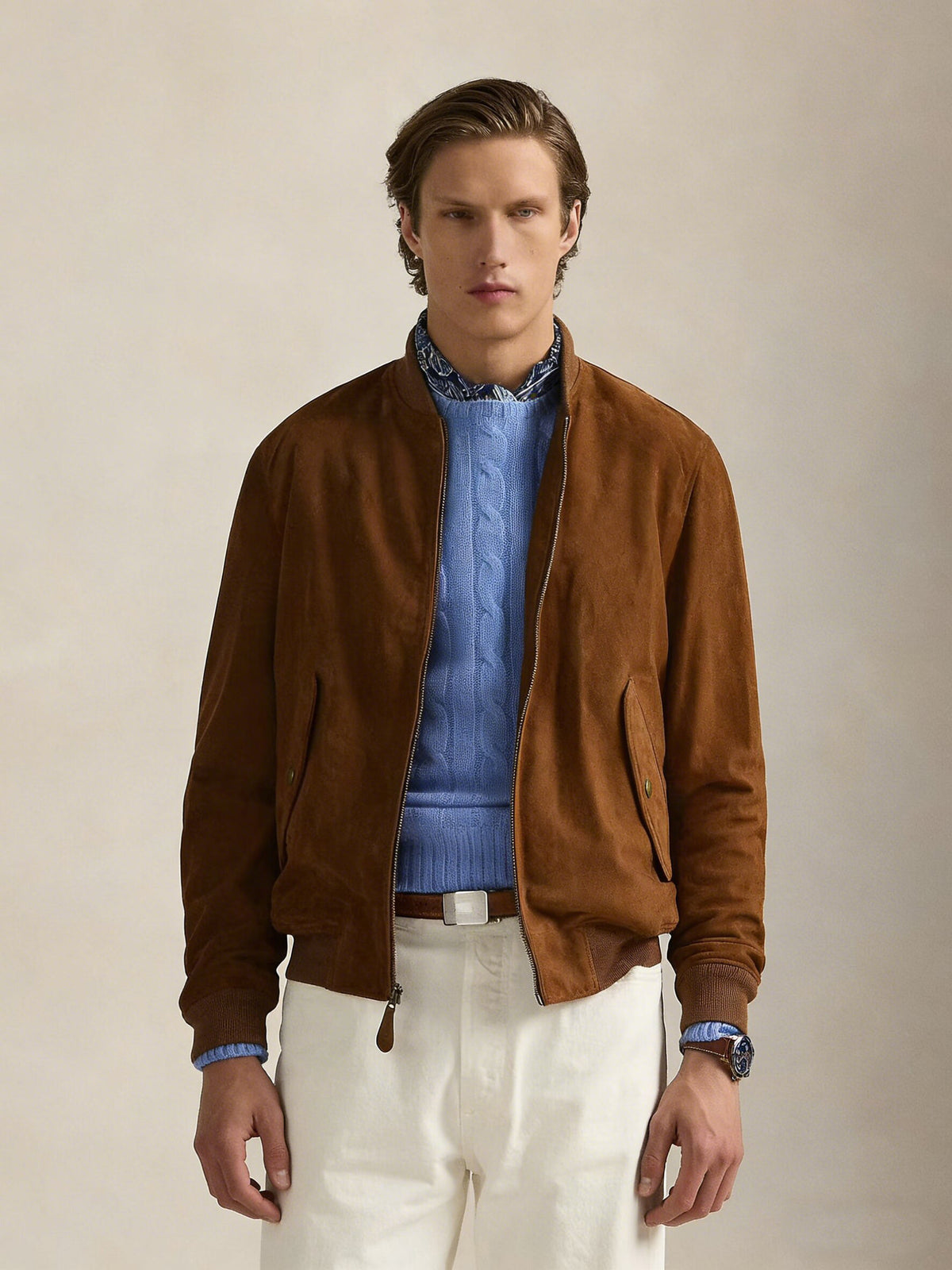 Brown vegan suede zip bomber jacket with a tartan cotton lining