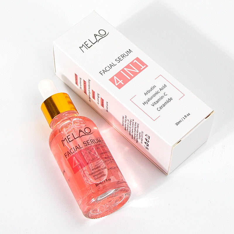MELAO 4 in 1 facial serum bottle of rose liquid leaning against its printed white box