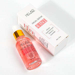 MELAO 4 in 1 facial serum bottle of rose liquid leaning against its printed white box