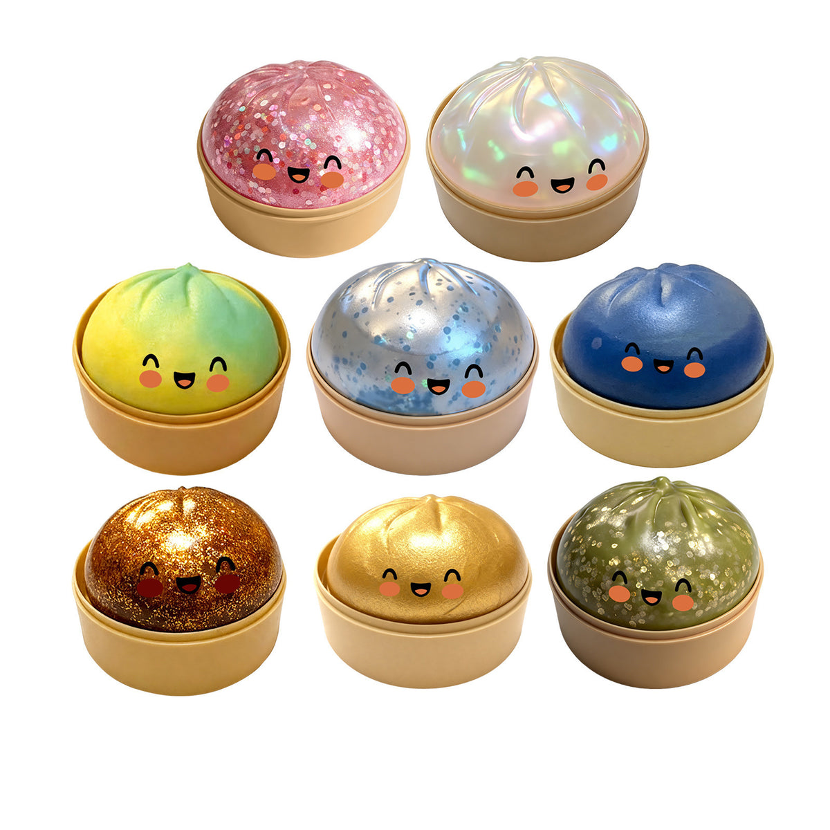Eight steamed bun squishy toys in pearly and glitter finishes, each in a small dish