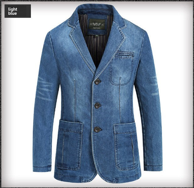 Light Blue Denim blazer jacket with three buttons and patch pockets, option photo for size 2XL