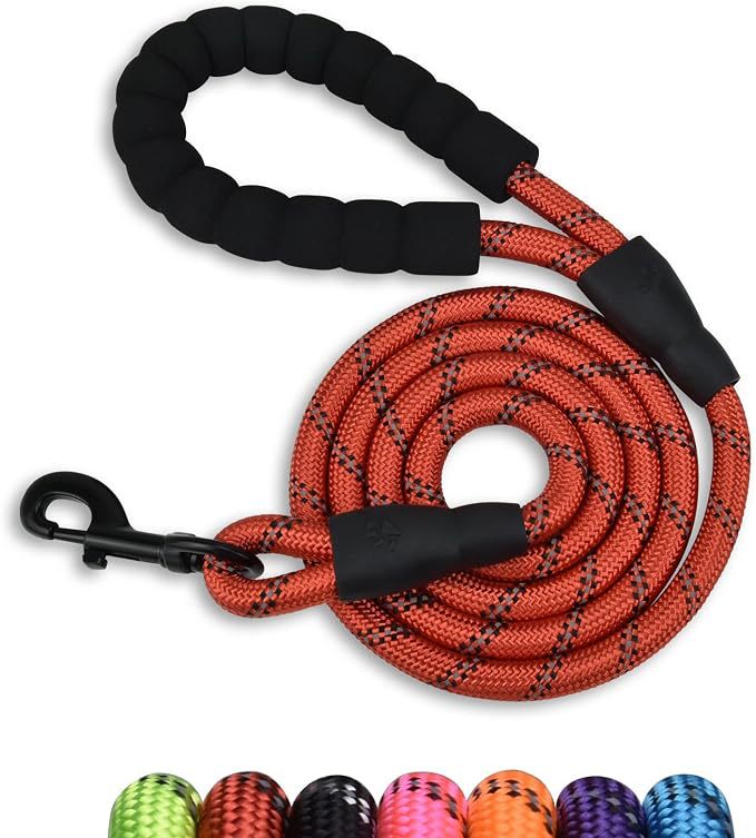 Braided rope dog leash with the swivel snap hook open to clip onto a dog collar