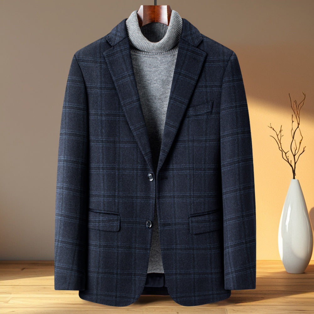 Men's navy check wool blend single breasted blazer three quarter view showing the flap pockets