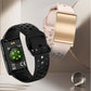 Back of the black and gold smart bracelet capsules showing the green optical sensor and compliance marks