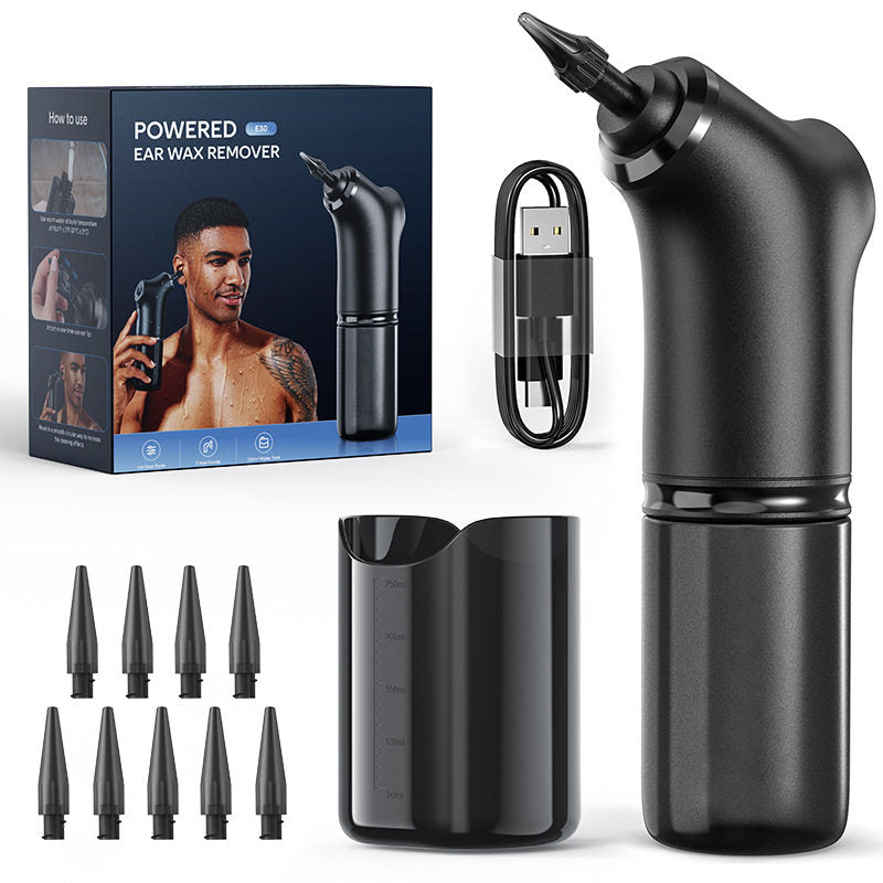 Black E30 ear wash cleaner with water tank cup, nine soft tips, charging cable and how to use box