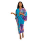 Pleated batwing V neck abstract print midi dress on a standing model, front view