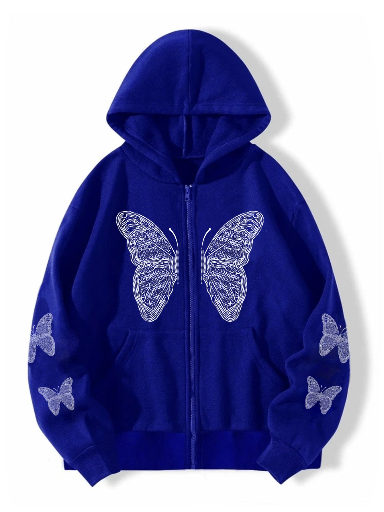 Cuff and sleeve rhinestone detail on the butterfly zip hoodie shown close up