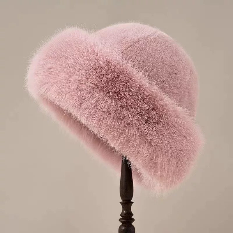 Winter Warm Imitation Fur Bucket Hat | scale reference next to a hand