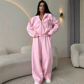 Womens Zip Front Hooded Sweatshirt and Wide Leg Trousers Set