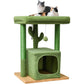 Beige cat climbing tree with jute scratching posts and a hanging ball