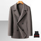 Camel toned wool overcoat with the removable down vest liner shown in a small inset image