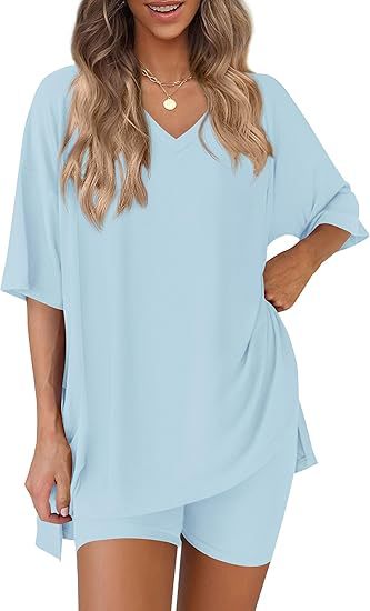 Sky Blue milk silk V neck loungewear set, oversized top and matching shorts, size XXL