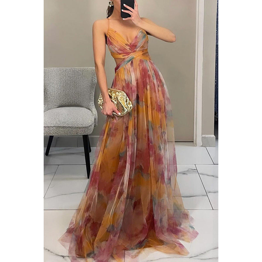 Mesh print sling maxi dress folded and presented for delivery
