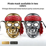 Antique gold and antique silver pirate skull costume masks shown side by side with red bandanas