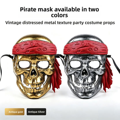 Antique gold and antique silver pirate skull costume masks shown side by side with red bandanas