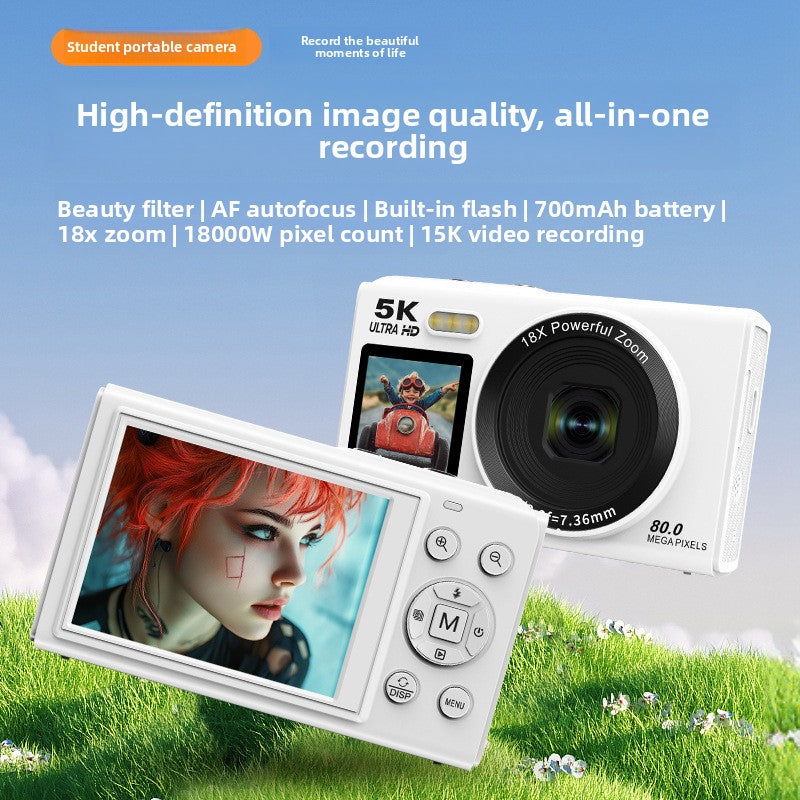 White dual screen camera showing a portrait on its large rear screen above a grassy field backdrop