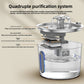 Cutaway diagram of the pet water fountain filter stack with steel tray, pad, mineral bed and carbon