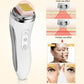 Radio frequency skin device shown in hand for scale beside the face and jawline